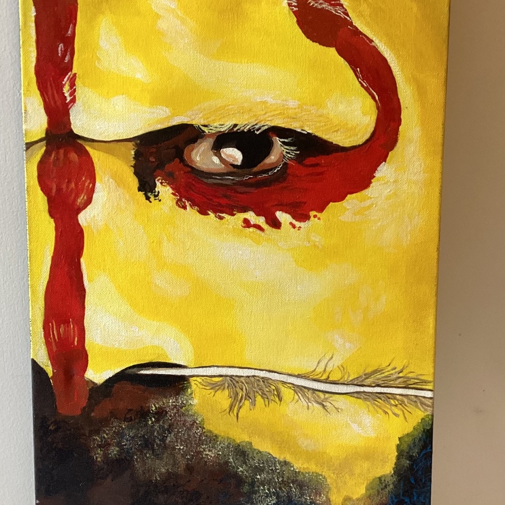 Abstract Original Painting Signed Wrens 08 Oil Canvas Man Lips Eye Red Yellow